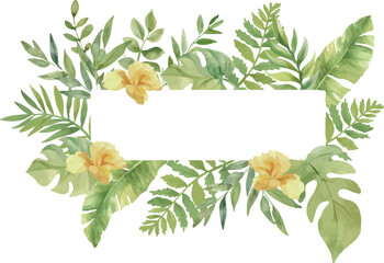 Wall Mural - Vector Watercolor horizontal frame with yellow flowers, monstera, palm leaves. Template space for text. Greeting cards, invitation, gender party, baby shower, birthday, event, holiday, wedding card