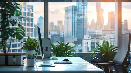 Leinwandbilder - Modern office with open space to work thought the window and background city : Generative AI