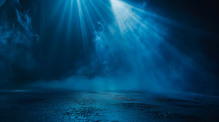 Poster - Rays spotlights light Empty dark scene with blue light Asphalt blue dark street with smoke : Generative AI
