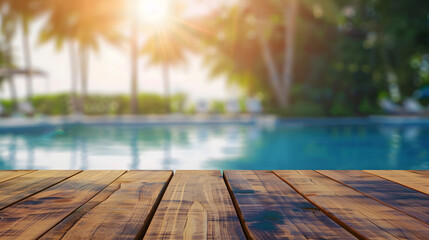 Leinwandbilder - Empty wooden table in front with blurred background of swimming pool : Generative AI