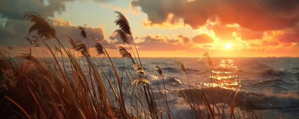 Wall Mural - Serene sunset over the ocean with tall grass