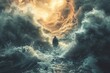 © DachAI - A surreal scene depicting enormous ocean waves and a bright, fiery sun breaking through them