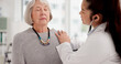 © peopleimages.com - Woman, doctor and heart beat of elderly patient in checkup, appointment or consultation at hospital. Medical healthcare expert examining mature customer in cardiology with stethoscope at the clinic