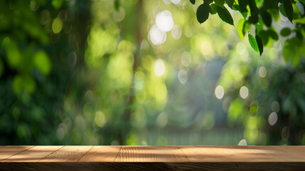 Aufkleber - Wood table top on blur green tree background for display or montage product : Generative AI