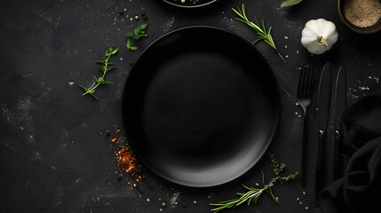 Aufkleber - An empty black plate on a dark concrete background with spices herbs and cutlery Home dinner cooking : Generative AI
