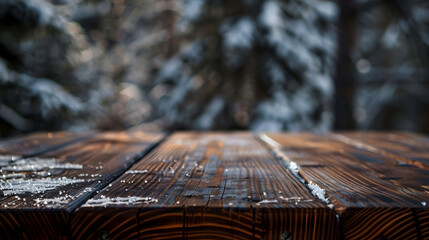 Poster - The empty wooden dark brown rustic table top with blur background of winter forest in finland Exuberant image : Generative AI