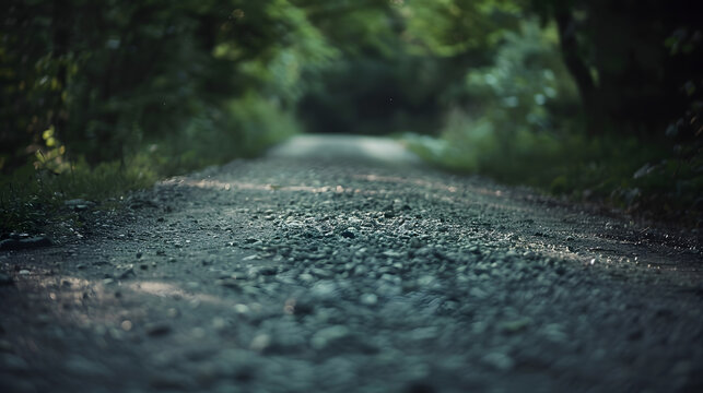 dark gravel pathway road in evening forest with low light effect in green summer  vintage film look : Generative AI