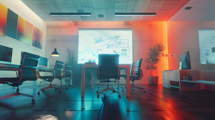 Leinwandbilder - Empty Conference Room for Team Meetings in Modern Creative Agency with Art on Walls and Desks with Computers Office Space with Project Plan Presentation on Digital Whiteboard Monitor : Generative AI