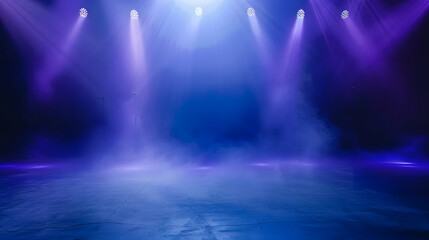 Poster - Dark stage shows blue and purple background an empty dark scene laser beams neon spotlights reflection on the asphalt floor studio room with smoke floating up for display products : Generative AI