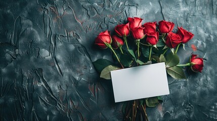 Canvas Print - A Valentine s Day greeting card featuring a lush bouquet of red roses set against a dark stone backdrop Captured from a top down perspective this flat lay leaves ample room for you to pen y