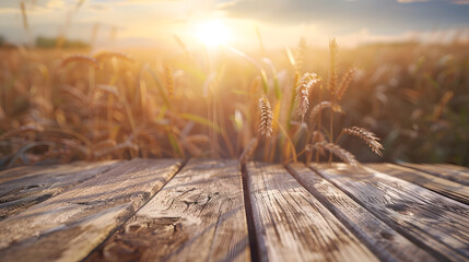 Leinwandbilder - The empty wooden table top with blur background of wheat farm Exuberant image : Generative AI