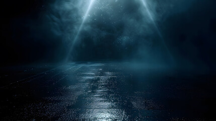 Poster - Dark street wet asphalt reflections of rays in the water Abstract dark blue background smoke smog Empty dark scene neon light spotlights Concrete floor : Generative AI