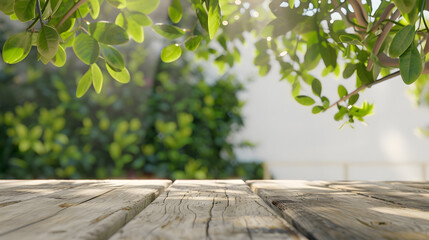 Aufkleber - Empty wood table top and blurred white wall in garden background with Green leaves  can used for display or montage your products : Generative AI