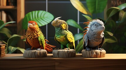 Beautiful 3D rendering of three parrots sitting on a wooden perch in front of lush green background. The parrots are all different colors, whimsical face