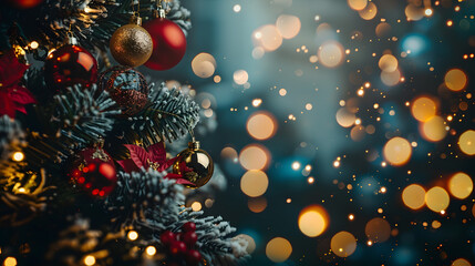 Poster - Christmas minimal background a Christmas tree decorated with balls on a background of blurry bokeh lights Baner holiday card mockup New Year 2021 Soft selective focus copy space : Generative AI