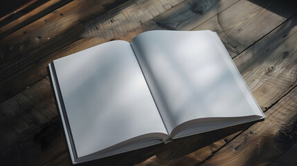 Poster - Blank catalog brochure book mock up Empty opened magazine on wooden background : Generative AI