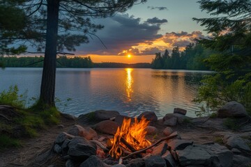 Canvas Print - Tranquil scene with a campfire by a lake during a picturesque sunset