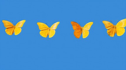 Wall Mural -   A group of yellow butterflies flying in a blue sky against a blue background