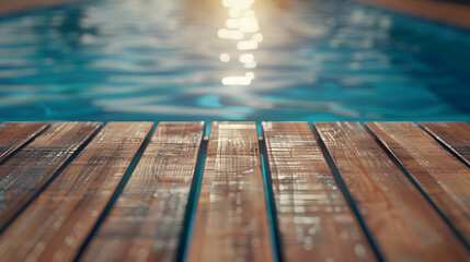 Poster - Empty wooden deck with swimming pool : Generative AI
