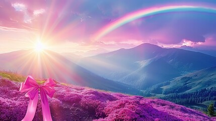 Wall Mural -   A lush green hillside with rainbow-colored mountains and a pink bow nestled on its side