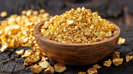 Poster -   A golden bowl brimming with nuggets sits beside a mound of them on the table