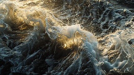 Flowing seawater creates mesmerizing abstract patterns under the shimmering light.