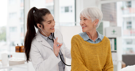 Poster - Healthcare, listening and a doctor with a woman for breathing check during a consultation. Talking, help and a medical employee with a stethoscope and senior patient for a heart test at a clinic