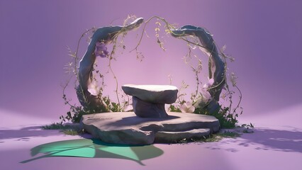 Rough rock stones purple podium with plants and leaves in background for product photography background