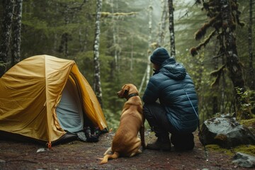 Poster - Person sits beside a tent with their loyal dog, soaking in the serene atmosphere of a foggy forest