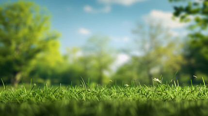 Poster - Beautiful blurred background image of spring nature with a neatly trimmed lawn surrounded by trees against a blue sky with clouds on a bright sunny day : Generative AI