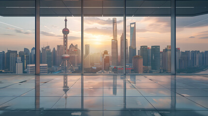 Wall Mural - Empty floor and modern city skyline with building at sunset in Shanghai China : Generative AI