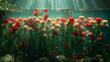 A surreal underwater scene with vibrant red and pink tulips growing beneath the water's surface, illuminated by beams of sunlight.