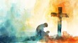 © Bijac - man kneeling and praying before the cross christian faith digital watercolor illustration