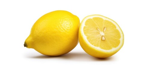 Sticker - Lemon fruit with half slice isolated white background. copy space