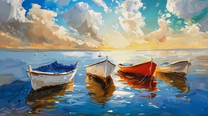 Wall Mural - painting of row boats floating in the ocean with clouds, sky and sunset