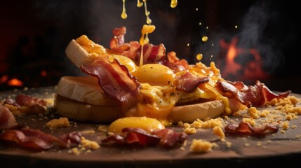Delicious egg and bacon breakfast drizzled with syrup, on a wooden slab, with a dark smokey background