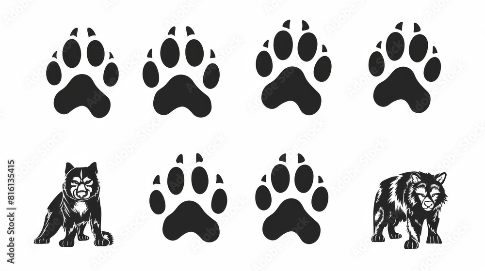 A collection of isolated black wolf paw prints and two wolf silhouettes ...