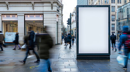 front view of blank white poster on street in london, people walking by, motion blur, daylight, photorealistic, high resolution photography