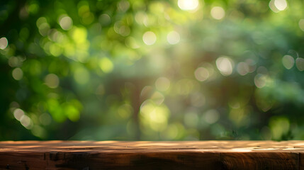 Aufkleber - Wood table top on blur green tree background for display or montage product : Generative AI