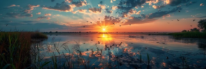 Reflections of the sun and the sky with water in cornfield and birds are living.Shooting location is Pathum Thani ,Thailand realistic nature and landscape
