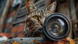 A cat is looking at a camera lens