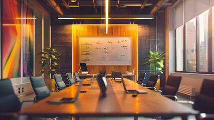 Leinwandbilder - Empty Conference Room for Team Meetings in Modern Creative Agency with Art on Walls and Desks with Computers Office Space with Project Plan Presentation on Digital Whiteboard Monitor : Generative AI