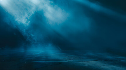 Poster - Rays spotlights light Empty dark scene with blue light Asphalt blue dark street with smoke : Generative AI