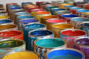 Sticker - Closeup view of open paint cans with various bright colors, ready for use in creative projects