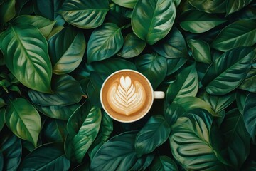 Sticker - Aerial view of a cappuccino with beautiful latte art surrounded by vibrant green foliage