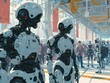 Multiple robots cyborgs. Mass assembly. AI generative.