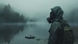 A person in uniform and a gas mask against the backdrop of a lake with toxic fog. AI generative.