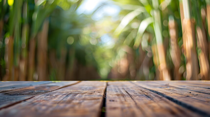 Leinwandbilder - The empty wooden brown table top with blur background of sugarcane plantation Exuberant image : Generative AI