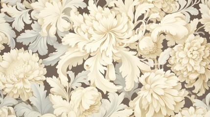 Wall Mural - This image showcases a sophisticated floral pattern with chrysanthemums and peonies in muted beige and cream colors, ideal for wallpaper or fabric designs