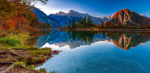 Wall Mural - Almsee Austria Lake Mountains Reflection in Autumn Morning, Serene Nature Landscape